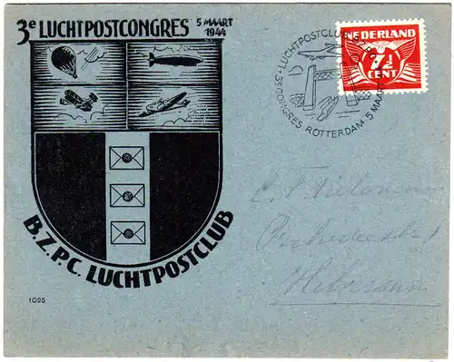 NL 1944, 3e Luchtpostcongres, Rotterdam Sonderstpl. auf entspr. Karte m. 7 1/2 C