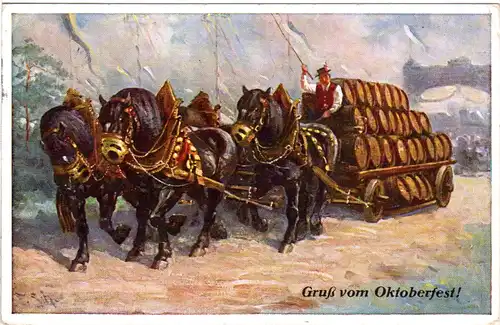München, Gruss vom Oktoberfest m. Pferde Gespann, 1931 gebr. Farb AK