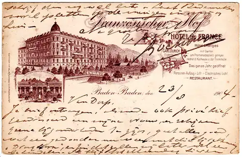 Baden-Baden, Hotel Französischer Hof, 1904 gebr. AK