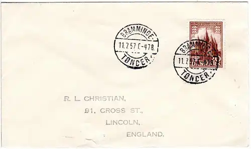 Dänemark 1957, Bahnpost Stpl. BRAMMINGE-TÖNDER T. 478 auf Brief m. 20 öre