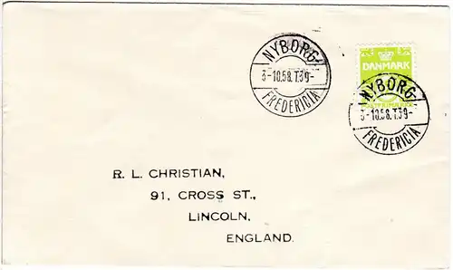 Dänemark 1958, Bahnpost Stpl. NYBORG-FREDERICIA T. 39 auf Brief m. 12 öre