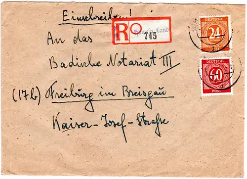 1947, 24+60 Pf. auf Brief v. Hameln Land m. eingestempeltem Reko-Zettel