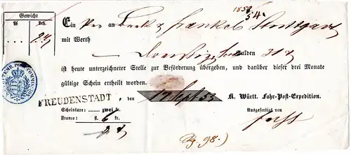 Württemberg 1853, L1 FREUDENSTADT klar auf Postschein f. eine Wertsendung