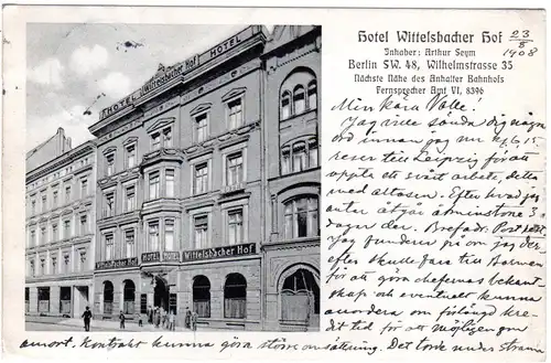 Berlin, Hotel Wittelsbacherhof m. Personen, 1908 gebr. sw-AK