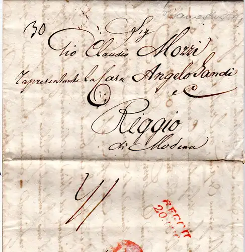 Schweiz 1829, Porto Brief v. Samaden im Engadin n. Reggio, Italien
