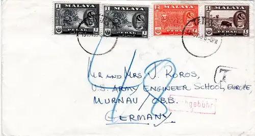 Malaya 1958, 4 Marken auf Brief m. "T" + "Nachgebühr" Stpl. u. Deutschland Porto