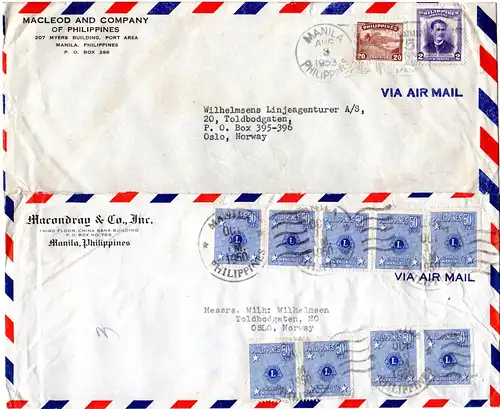 Philippinen 1950/53, 4 Luftpost Briefe nach Norwegen inkl MeF 9x50 C. Lions Club