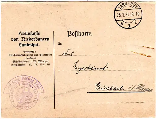 DR 1931, Frei durch Ablösung Reich auf Karte d. Kreiskasse Landshut