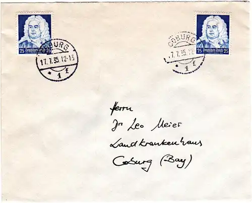 DR 1935, 2x 25 Pf. Friedrich Händel auf Brief v. Coburg