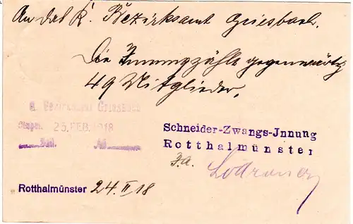 Bayern 1918, 7 1/2 Pf. Ganzsache v.d. Schneider Zwangs-Innung Rotthalmünstar