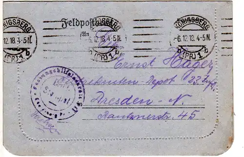 DR FP WK I, 1918, FP Kartenbrief aus dem Festungshilfslazarett Königsberg