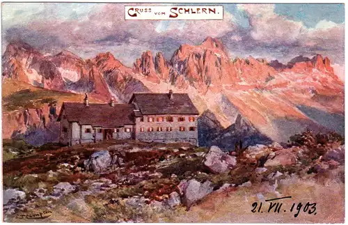 Italien, Südtirol, Gruss v. Schlern m. Schlernhaus, ungebr. Farb-AK m. DÖAV Stpl
