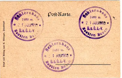 Italien, Südtirol, Gruss v. Schlern m. Schlernhaus, ungebr. Farb-AK m. DÖAV Stpl