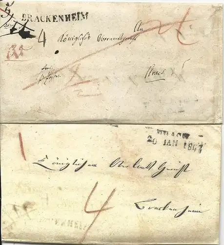 Württemberg 1842, L1 BRACKENHEIM u. innen L2 URACH auf 2mal verwendetem Brief