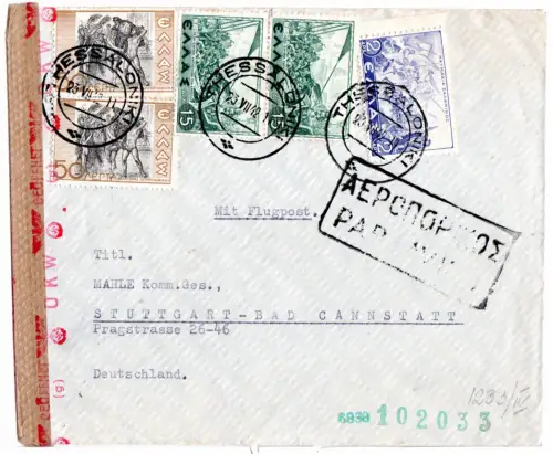 Griechenland 1942, 5 Marken auf Luftpost Brief v. Thessaloniki m. Dt. OKW Zensur