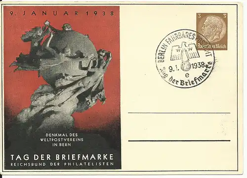 DR PP122-C70-02, 3 Pf. Privat Ganzsache Tag der Briefmarke m. Abb. UPU Denkmal