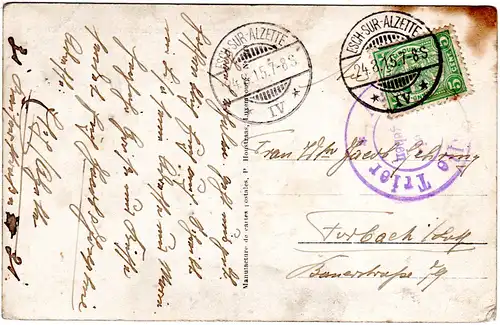 Luxemburg, ESCH / Alz., 1915 gebr. Farb-AK m. Zensur n. Lothringen