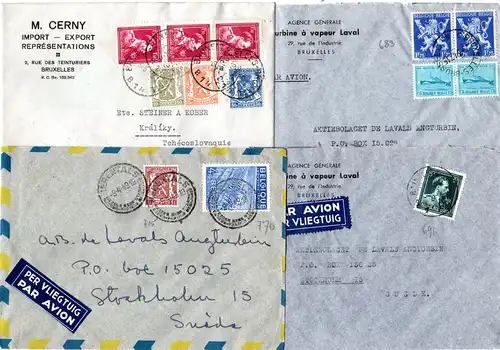 Belgien 1947/49, 4 verschieden frankierte Luftpost Briefe nach Schweden. 