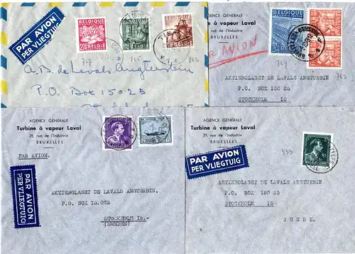 Belgien 1947/49, 4 versch. frankierte Luftpost Briefe nach Schweden. 