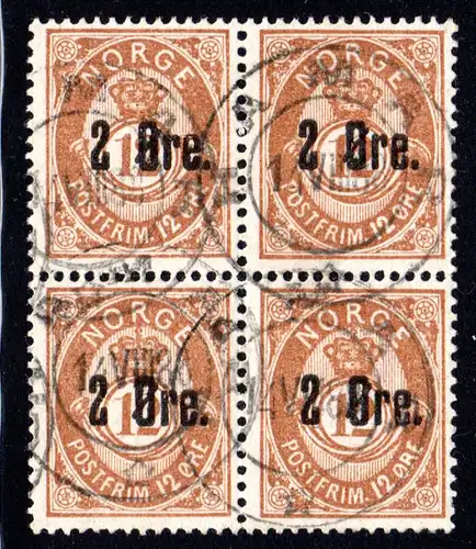 Norwegen, sauber gest. 4er-Block 2/12 öre graubraun