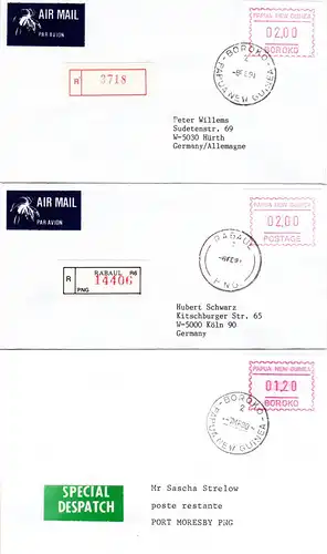 Papua Neu Guinea, 3 Briefe m. Automatenmarken, dabei 2x Reko