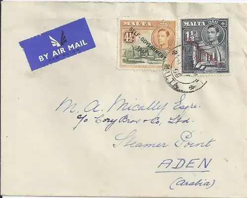 Malta 1950, 1 1/2+4 1/2d. auf Luftpost Brief nach Aden. Destination! #417