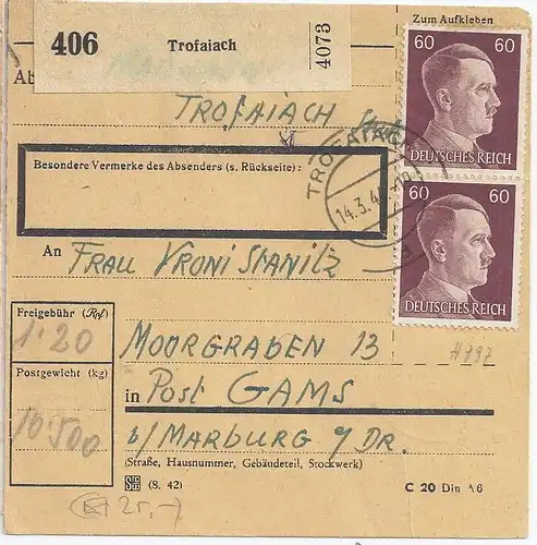 DR 1944, MeF Paar 60 Pf. auf Ostmark Paketkarte v. Trofaiach. #1322
