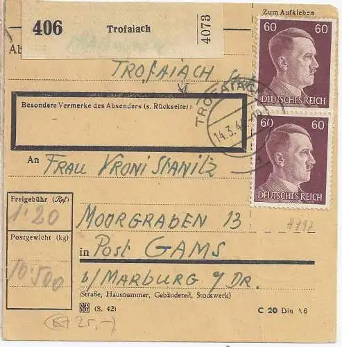 DR 1944, MeF Paar 60 Pf. auf Ostmark Paketkarte v. Trofaiach. #1322