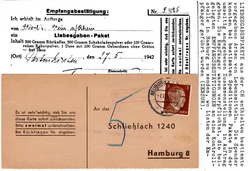 DR 1942, 3 Pf. auf Liebesgaben Paket Empfangsbestätigungskarte m. Nach- Porto