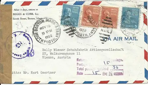 USA 1950, 4 stamps C. on returned underpaid airmail cover from Boston to Austria