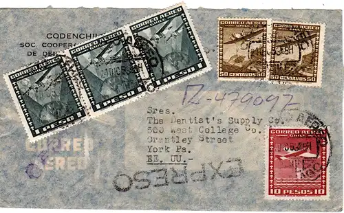 Chile 1953, 6 Marken auf Luftpost Einschreiben Express Brief v. Santiago n. USA