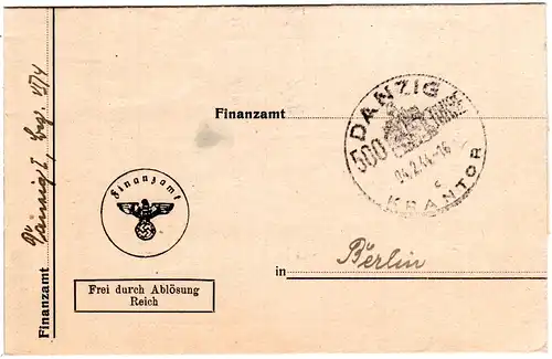 Danzig c KRANTOR 1944, Sonderstpl. auf Amts Brief Frei durch Ablösung