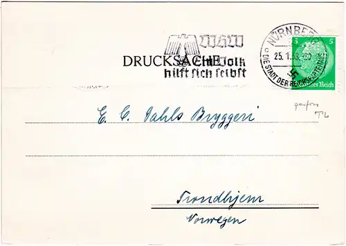 DR 1938, 5 Pf. m. perfin TL auf Firmen Karte v. Nürnberg n. Norwegen