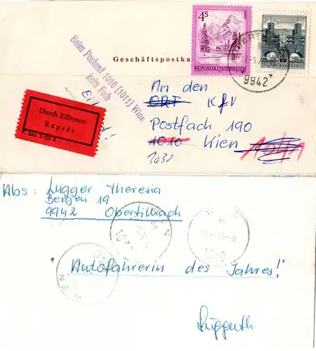 Österreich 1975, 50 Gr.+4 S. auf Eilboten Geschäftspostkarte v. Obertilliach