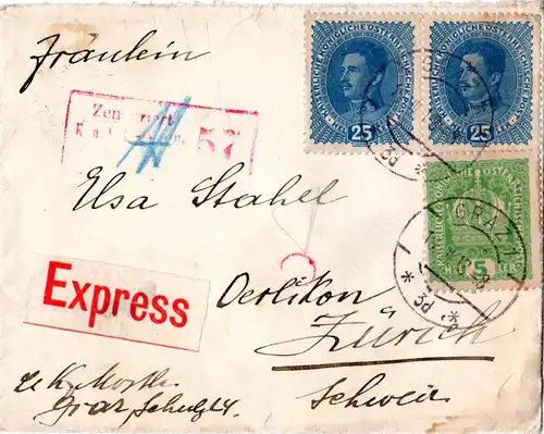 Österreich 1918, 5+Paar 25 H. auf Eilboten Zensur Brief v. Graz i.d. Schweiz