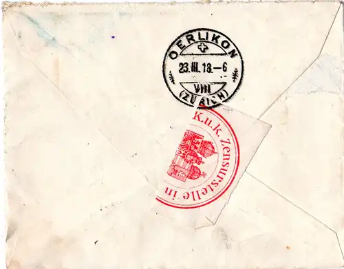 Österreich 1918, 5+Paar 25 H. auf Eilboten Zensur Brief v. Graz i.d. Schweiz