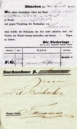 Bayern 1847, Fuhrmannsbrief v. München n. Tittmoning. Nachnahme fl. keine!