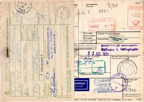 BRD 1971, Luftpost Auslandspaketkarte v. Müllheim m. Schweden Gebührenzettel