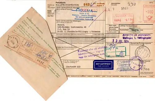 BRD 1971, Luftpost Auslandspaketkarte v. Müllheim m. Schweden Gebührenzettel