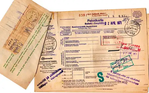 BRD 1971, 3 Auslandspaketkarten v. Fellbach m. Schweden Gebührenzettel