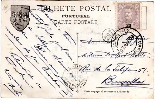 Portugal, Coimbra, 1908 n. Belgien gebr. sw-AK
