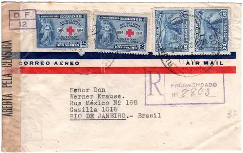 Ecuador 1945, 4 Marken auf Reko Luftpost Zensur Brief v. Quito n. Brasilien