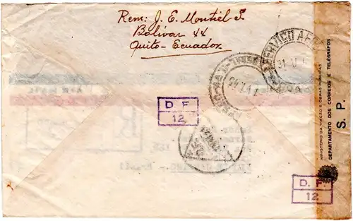 Ecuador 1945, 4 Marken auf Reko Luftpost Zensur Brief v. Quito n. Brasilien