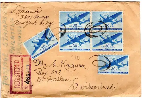 USA 1945, 10 Marken auf Einschreiben Brief v. NY i.d. Schweiz