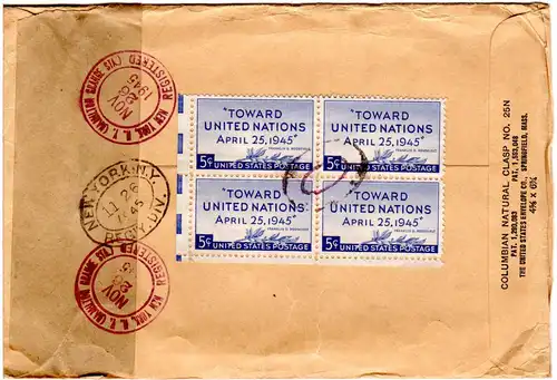 USA 1945, 10 Marken auf Einschreiben Brief v. NY i.d. Schweiz