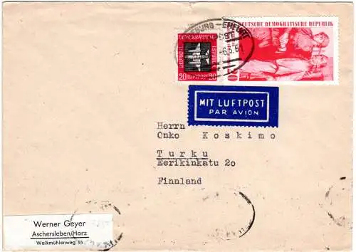 DDR 1961, 2x20 Pf. auf Luftpost Brief v. Aschersleben n. Finnland 