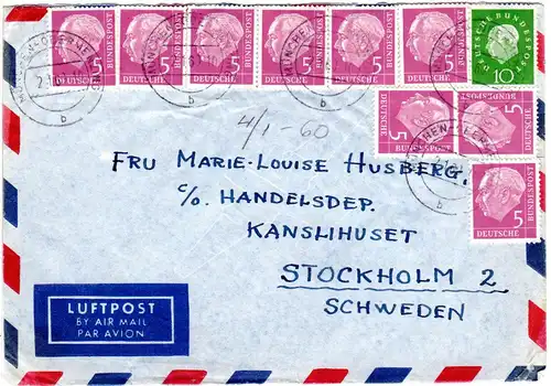 BRD 1960, 10 Heuss Marken auf Luftpost Brief v. München Obermenzing n. Schweden 