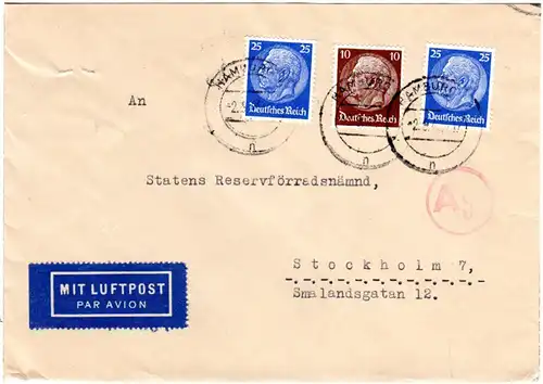 DR 1940, 10+2x25 Pf.auf Luftpost Zensur Brief (über 20 g) v. Hamburg n. Schweden