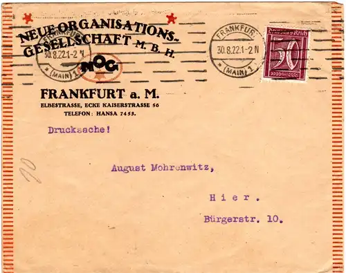 DR 1922, EF 50 Pf. auf Firmen Orts Drucksache Brief v. Frankfurt.