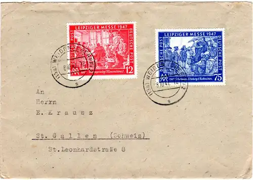 1947, 12+75 Pf. Leipziger Messe auf Brief v. Weiden i.d. Schweiz